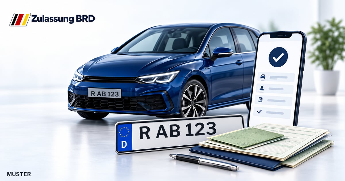 Online Fahrzeugzulassung in Regensburg: Musterkennzeichen R AB 123, Auto und Fahrzeugpapiere und Smartphone. Illustration mit Logo von Zulassung BRD.